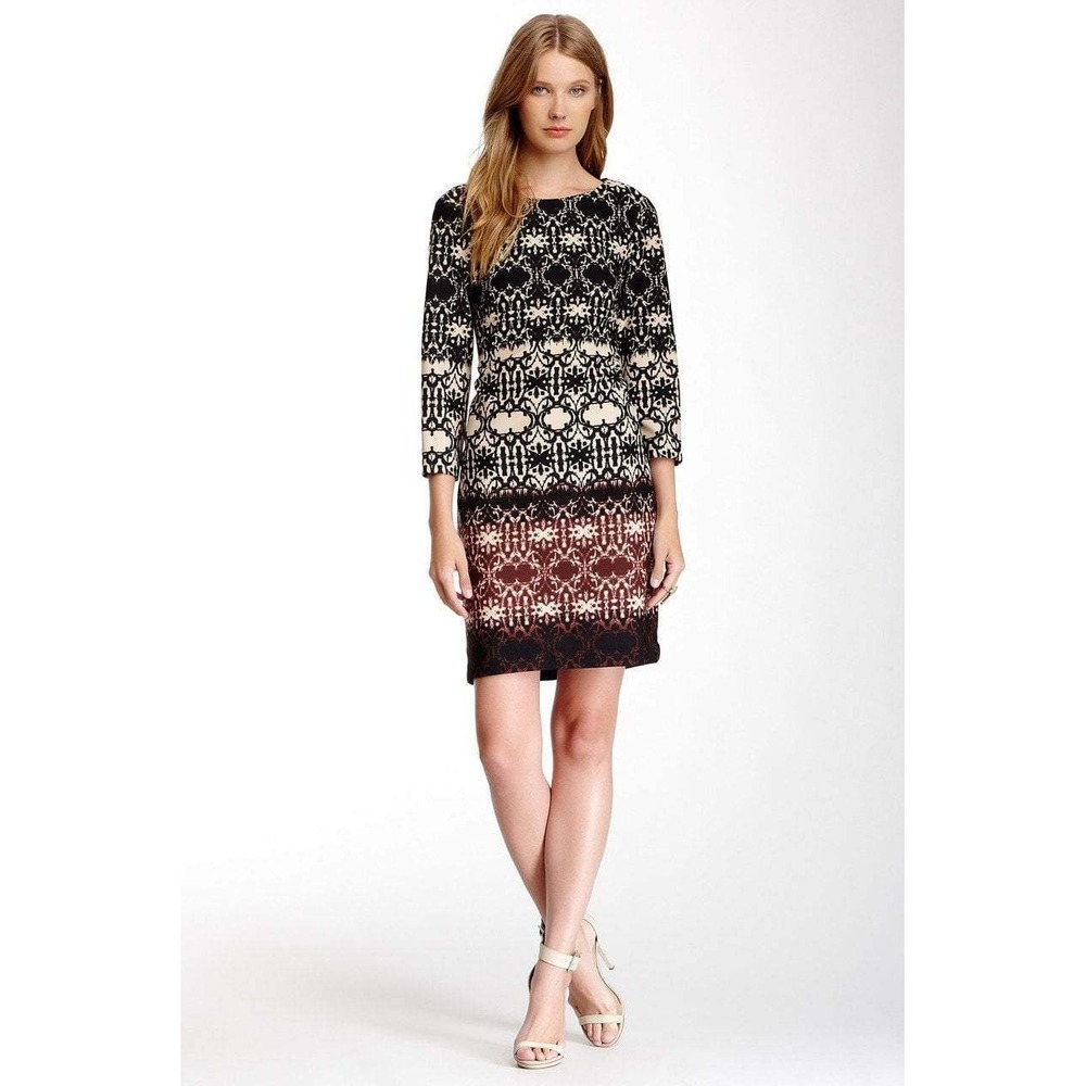 Taylor Size 8 Damask Geometric Ombre Sheath Dress 3/4 Sleeve Burgundy Black